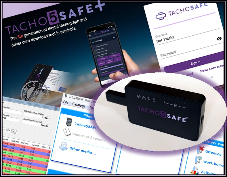 Tacho5Safe Plus set with a program for reading tachograph and driver card.