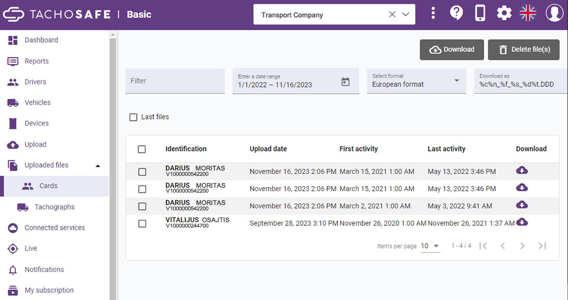 TachoSafe cloud directory of driver files