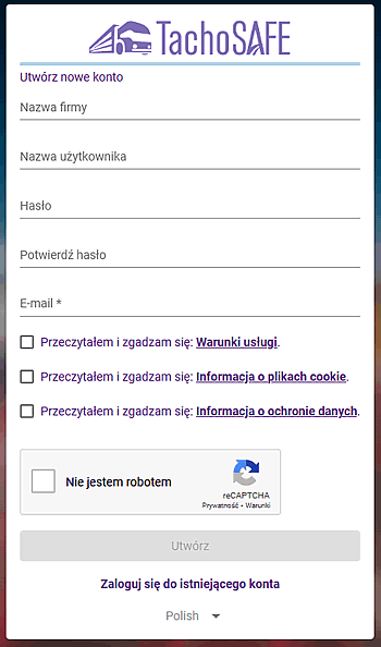 TachoSafe Tworzenie konta użytkowania